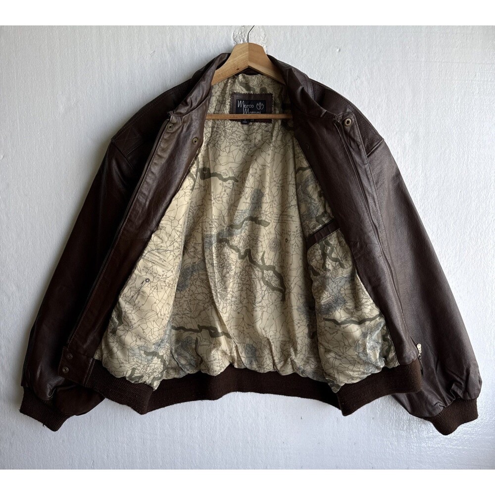 VTG 80s Marco Morani A-2 Brown Leather Bomber Jacket Map Lined Men's 2XL XXL - Picture 3 of 11